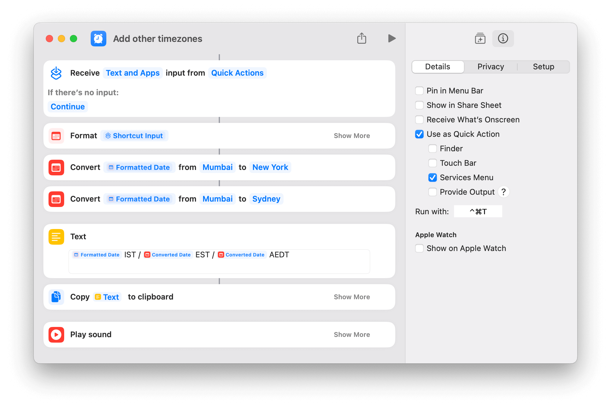 Convert current time to other time zones using Apple Shortcut